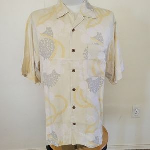Tommy Bahama Silk Hawaiian Shirt Yellow Gray Size Large